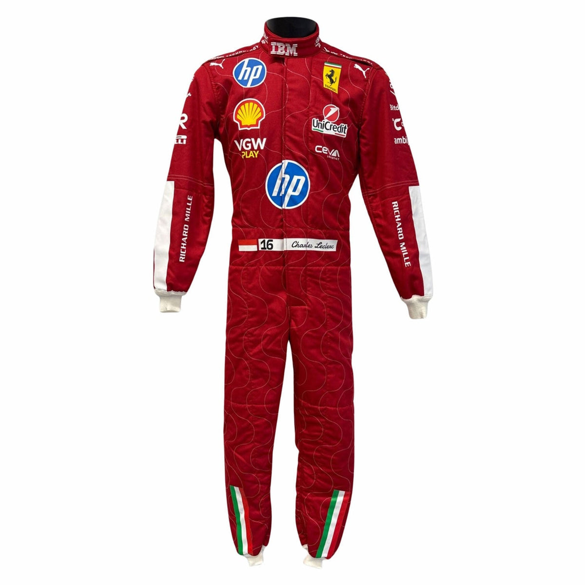 Red racing suit Replica Race Costume Charles Leclerc 2025 Italian Grand Prix in Ferrari race styling, showing sharp sponsor-style graphics across the chest and sleeves. A great F1 cosplay outfit for fans heading to a grand prix, a karting session or a themed party.