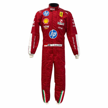 Red racing suit Replica Race Costume Charles Leclerc 2025 Italian Grand Prix in Ferrari race styling, showing sharp sponsor-style graphics across the chest and sleeves. A great F1 cosplay outfit for fans heading to a grand prix, a karting session or a themed party.