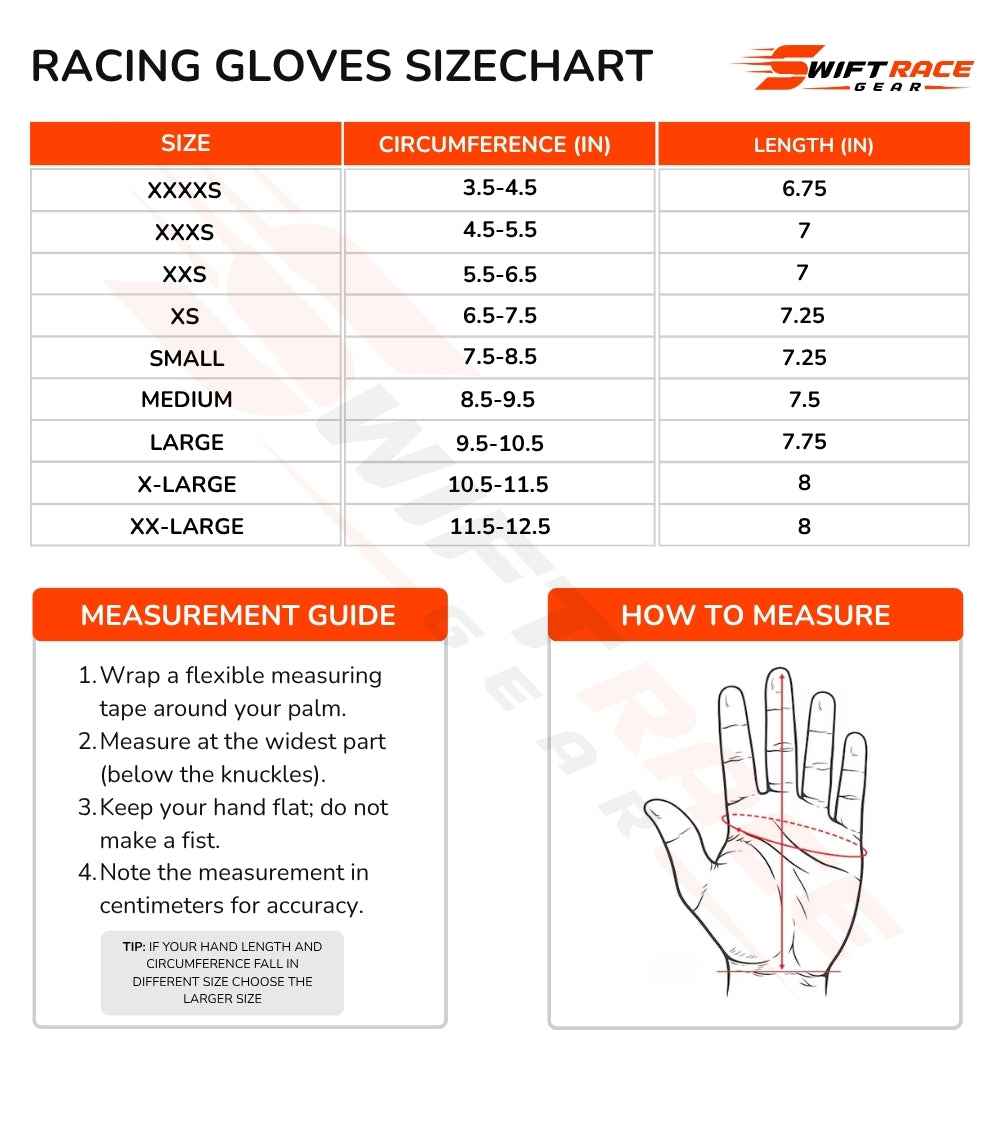 A size chart and measurement guide for racing gloves by Swift Race Gear. The chart lists sizes XXXS through XX-LARGE with corresponding circumference in inches and length in inches.