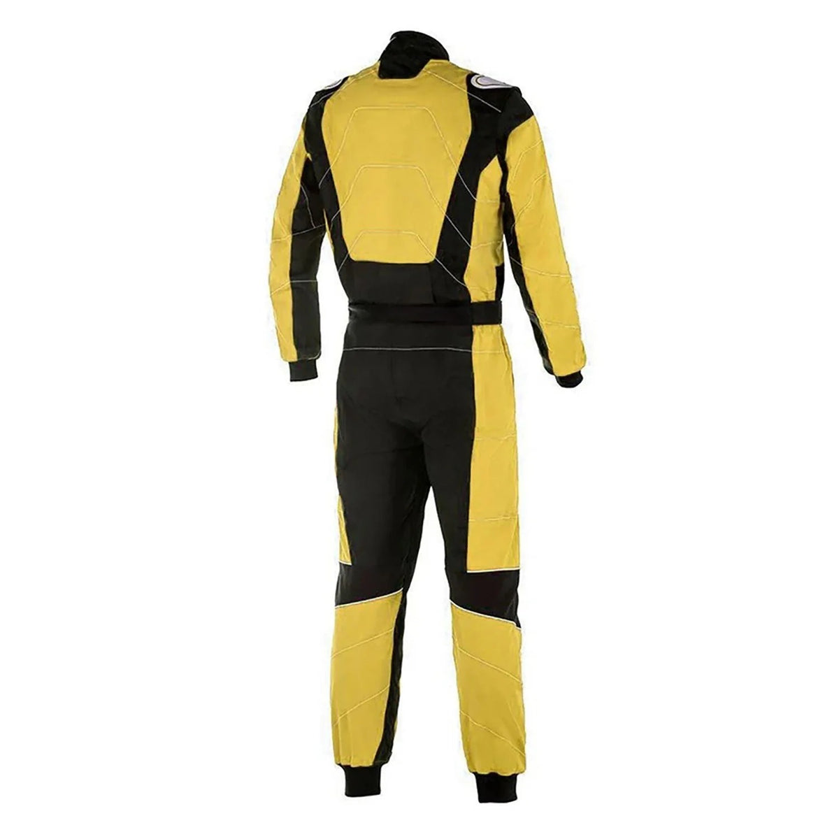 A yellow and black racing suit shown from the back, featuring a high collar, long sleeves, and integrated shoulder and waist protection.