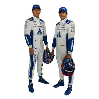 Printed Williams 2025 racing outfit for Alex Albon fans, laid out to show the printed racing number, belt panel and stretch inserts. Perfect grand prix attire for fans who want a race-ready look at the circuit or at home.