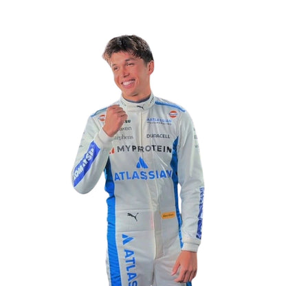Printed Williams 2025 racing outfit for Alex Albon fans, showing sharp sponsor-style graphics across the chest and sleeves. Perfect grand prix attire for fans who want a race-ready look at the circuit or at home.