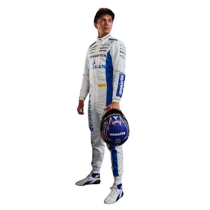 Alex Albon Replica Race Jumpsuit F1 2025 Season in Williams race styling, shown as a complete two-layer racing costume ready for fans and karters. A comfortable racing jumpsuit for F1 fans, kart track days and themed parties.