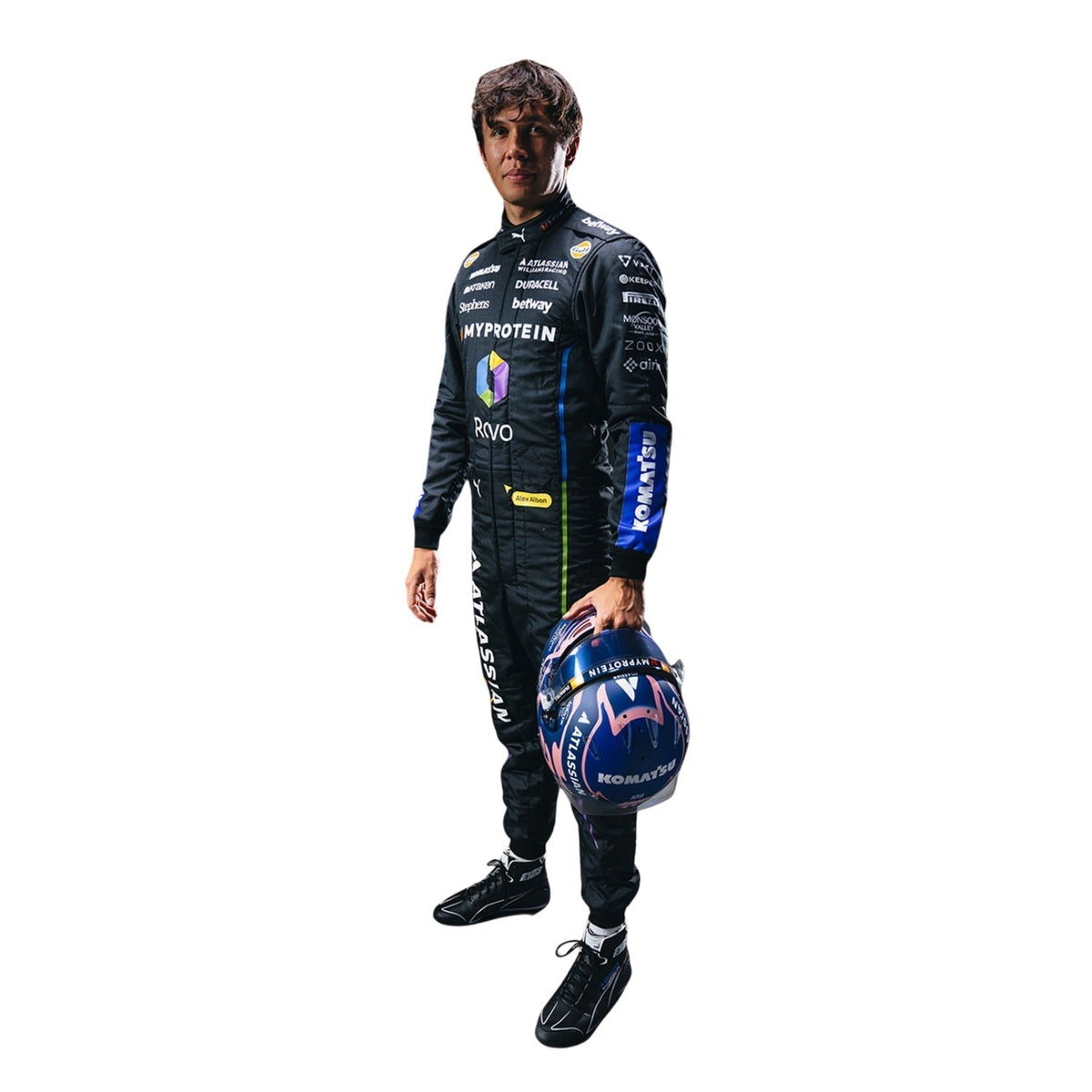 2025 Vegas GP Alex Albon Cosplay Outfit Replica in Williams race styling, displaying the fitted one-piece cut with elasticated cuffs and a soft collar. An eye-catching cosplay outfit for watch parties, track days and motorsport meetups.