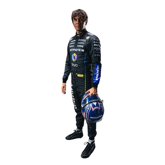 2025 Vegas GP Alex Albon Cosplay Outfit Replica in Williams race styling, displaying the fitted one-piece cut with elasticated cuffs and a soft collar. An eye-catching cosplay outfit for watch parties, track days and motorsport meetups.