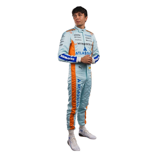 Williams race suit worn in Alex Albon style, showcasing the full-length zip, shoulder epaulettes and race-day silhouette. A standout motorsport cosplay outfit and gift for any fan, karter or collector.