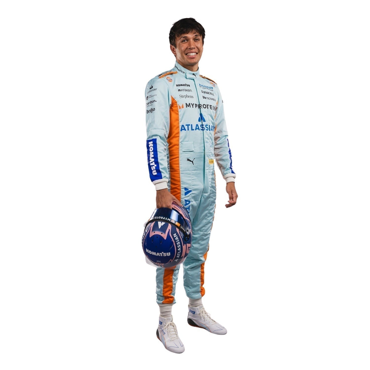 F1 Race Suit Alex Albon Sao Paulo GP 2025 in Williams race styling, presented with detailed logo placement along the arms and legs. Racing attire built to turn heads in the grandstand, at the kart track or at a costume event.