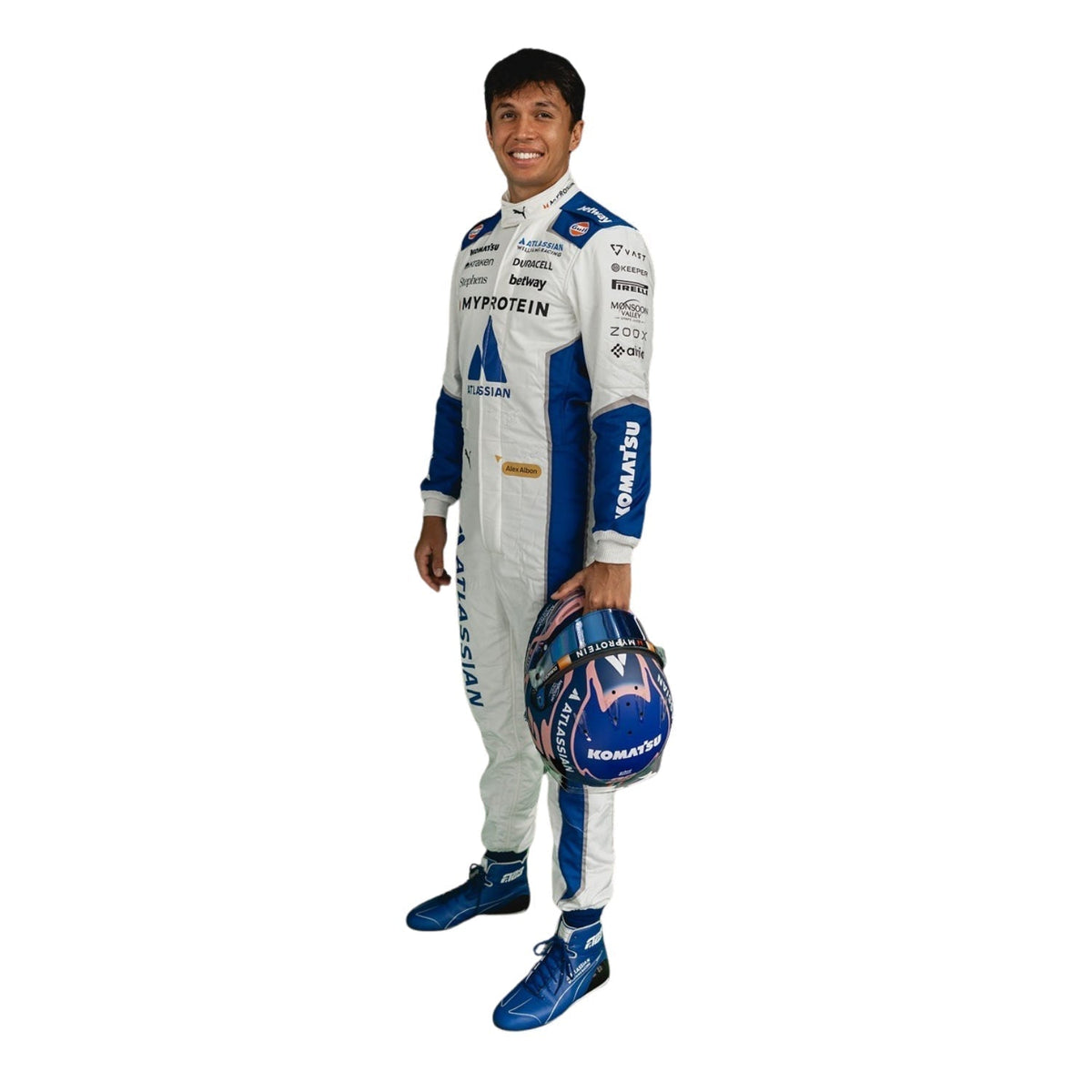 Alex Albon 2025 Austin GP Racing Suit in Williams race styling, showing sharp sponsor-style graphics across the chest and sleeves. A great F1 cosplay outfit for fans heading to a grand prix, a karting session or a themed party.