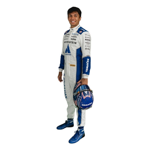 Alex Albon 2025 Austin GP Racing Suit in Williams race styling, showing sharp sponsor-style graphics across the chest and sleeves. A great F1 cosplay outfit for fans heading to a grand prix, a karting session or a themed party.