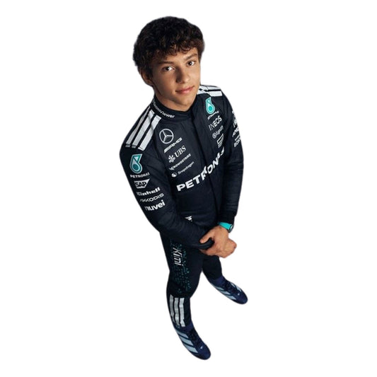 Kimi Antonelli inspired motorsport jumpsuit, highlighting bold colour blocking and crisp sublimated artwork. Racing attire built to turn heads in the grandstand, at the kart track or at a costume event.