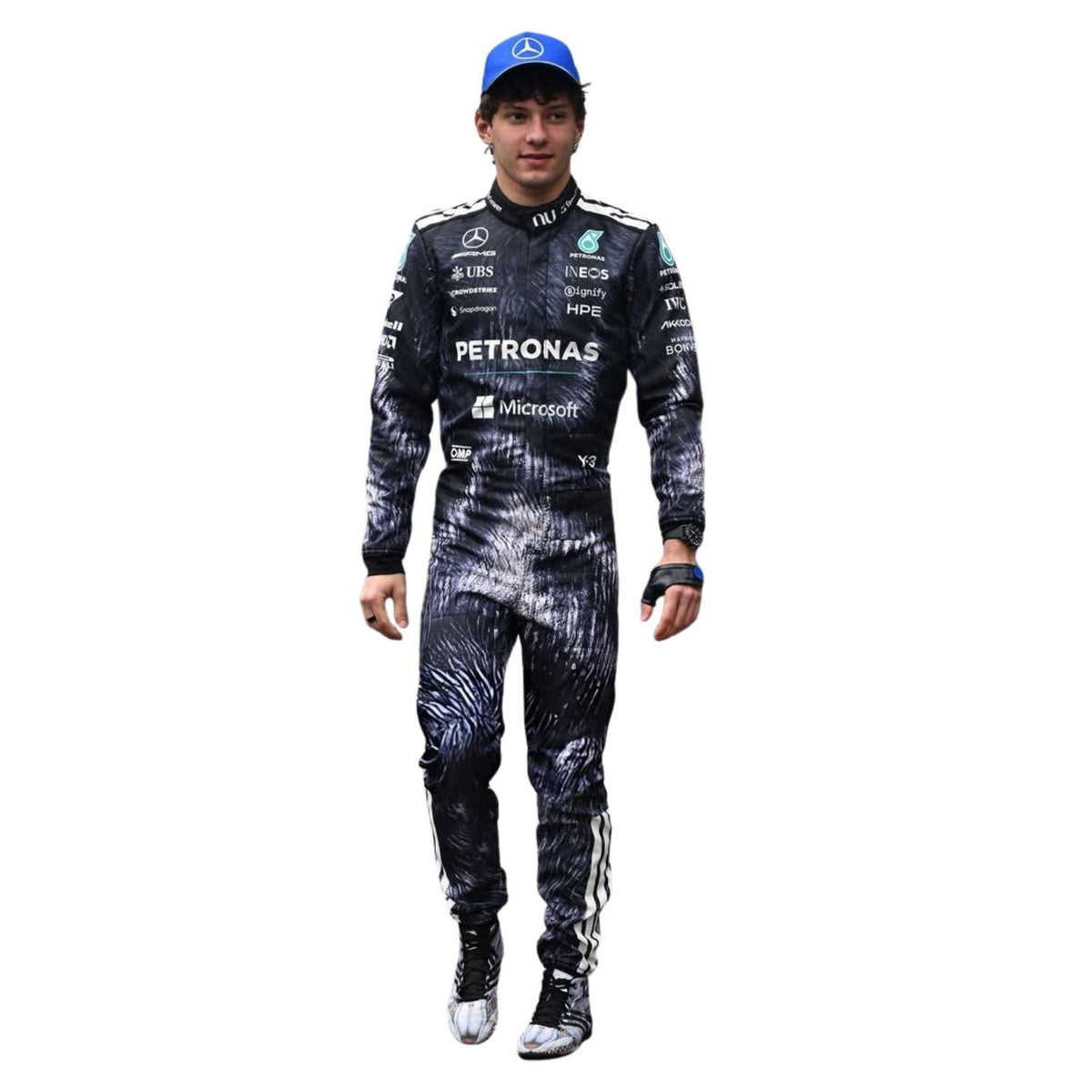 Kimi Antonelli Suzuka 2026 F1 Racing Suit in Mercedes race styling, laid out to show the printed racing number, belt panel and stretch inserts. Stylish race day attire made for race weekends, kart track days and cosplay events alike.