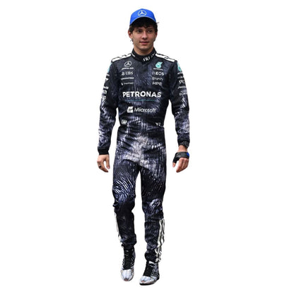 Kimi Antonelli Suzuka 2026 F1 Racing Suit in Mercedes race styling, laid out to show the printed racing number, belt panel and stretch inserts. Stylish race day attire made for race weekends, kart track days and cosplay events alike.