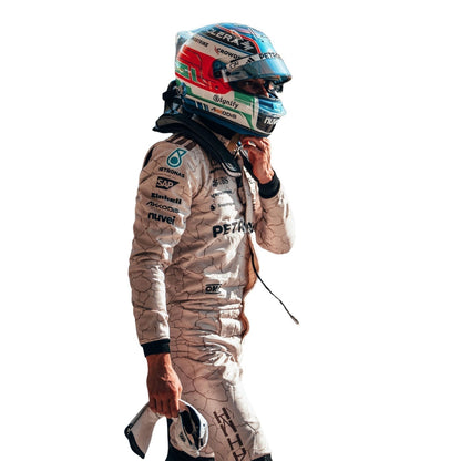 Printed Mercedes 2025 racing outfit for Kimi Antonelli fans, capturing the smooth Cordura outer shell and clean printed finish. Perfect grand prix attire for fans who want a race-ready look at the circuit or at home.