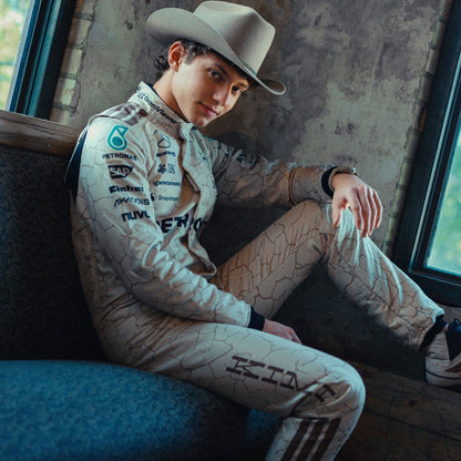 Kimi Antonelli 2025 US GP Austin racing costume, highlighting bold colour blocking and crisp sublimated artwork. Stylish racing attire for fans who want to dress like the grid on grand prix weekend.