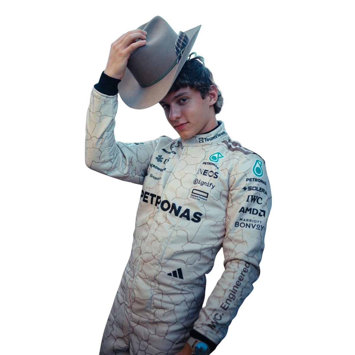 Kimi Antonelli 2025 fan race suit, shown as a complete two-layer racing costume ready for fans and karters. A great F1 cosplay outfit for fans heading to a grand prix, a karting session or a themed party.