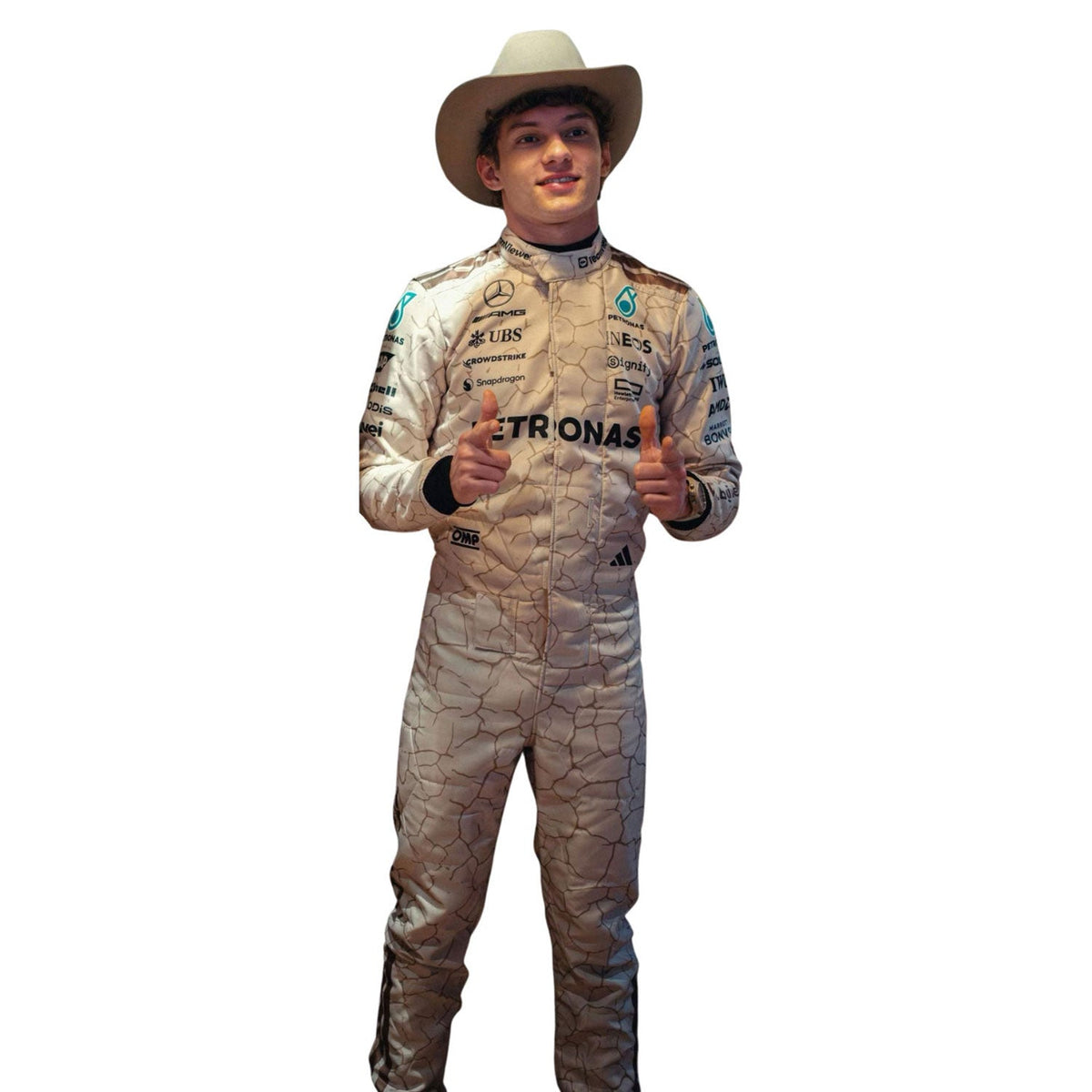 Mercedes race suit worn in Kimi Antonelli style, featuring layered stripes, driver name styling and contrast panels. A comfortable racing jumpsuit for F1 fans, kart track days and themed parties.