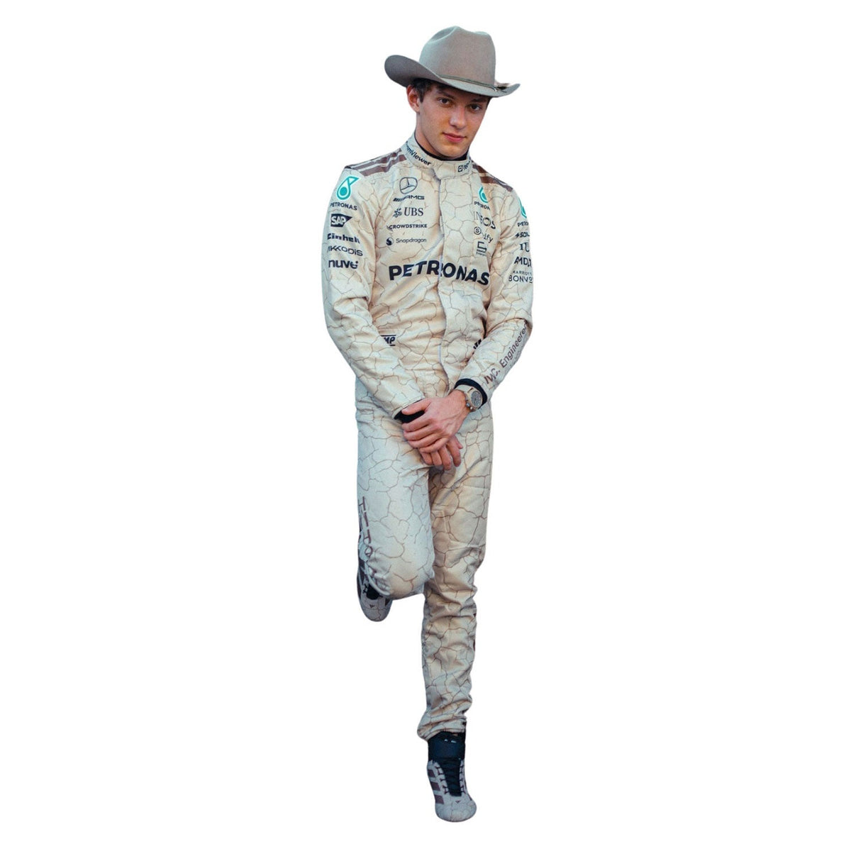 Kimi Antonelli 2025 US GP Austin grand prix suit, showing sharp sponsor-style graphics across the chest and sleeves. Racing attire built to turn heads in the grandstand, at the kart track or at a costume event.
