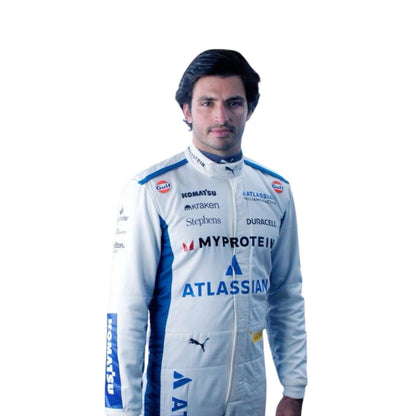 Williams race suit worn in Carlos Sainz style, shown as a complete two-layer racing costume ready for fans and karters. A great F1 cosplay outfit for fans heading to a grand prix, a karting session or a themed party.