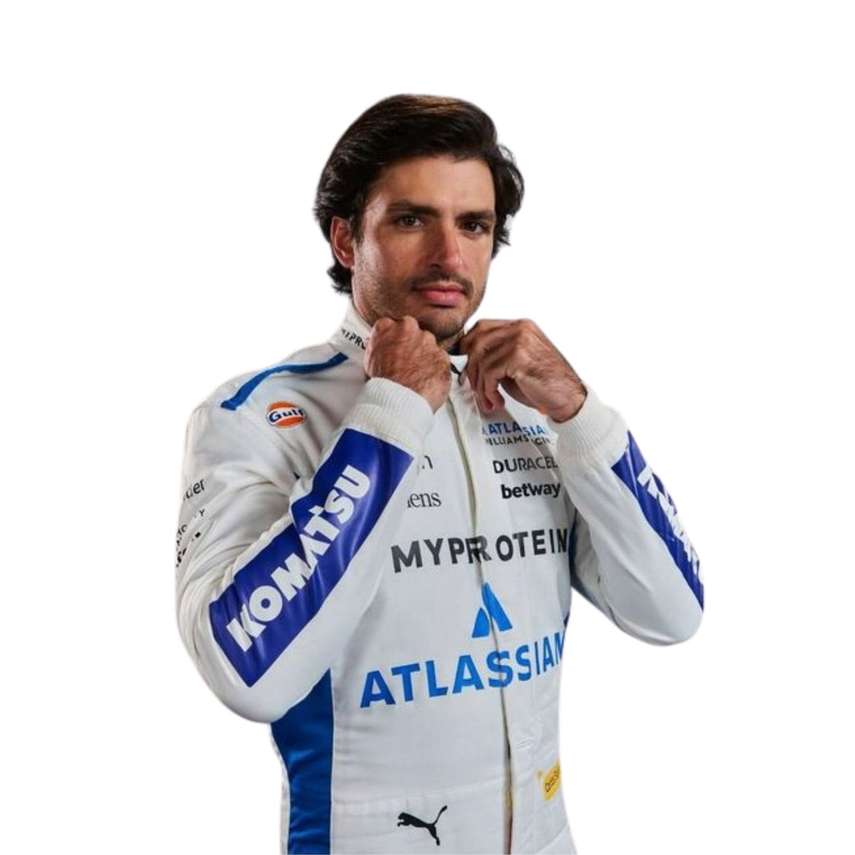 Carlos Sainz 2025 fan race suit, capturing the smooth Cordura outer shell and clean printed finish. Perfect grand prix attire for fans who want a race-ready look at the circuit or at home.