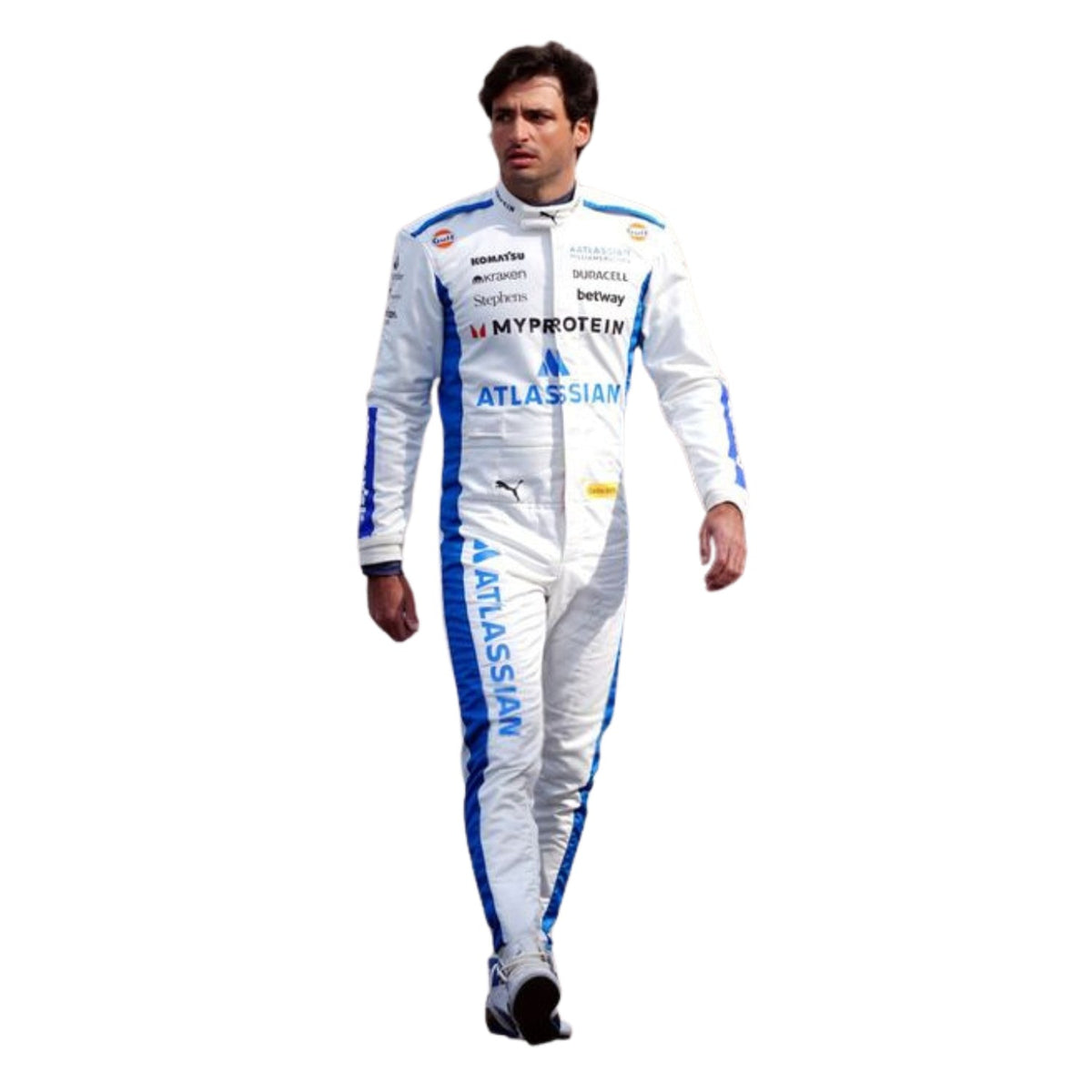 Printed Williams 2025 racing outfit for Carlos Sainz fans, showing sharp sponsor-style graphics across the chest and sleeves. Racing attire built to turn heads in the grandstand, at the kart track or at a costume event.