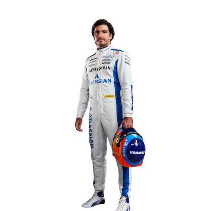 2025 Carlos Sainz Replica Grand Prix Race Suit in Williams race styling, with vivid printed detailing that stays true to the grand prix design. A head-turning cosplay outfit for F1 conventions, parties and race day meetups.