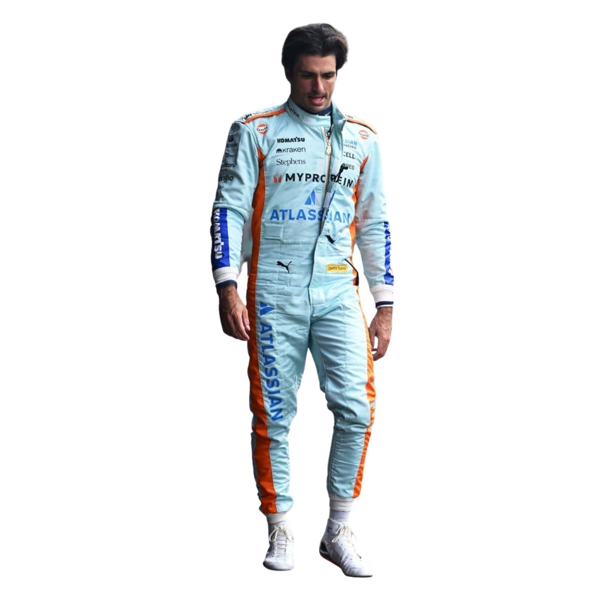 Printed Williams 2025 racing outfit for Carlos Sainz fans, with vivid printed detailing that stays true to the grand prix design. A comfortable racing jumpsuit for F1 fans, kart track days and themed parties.