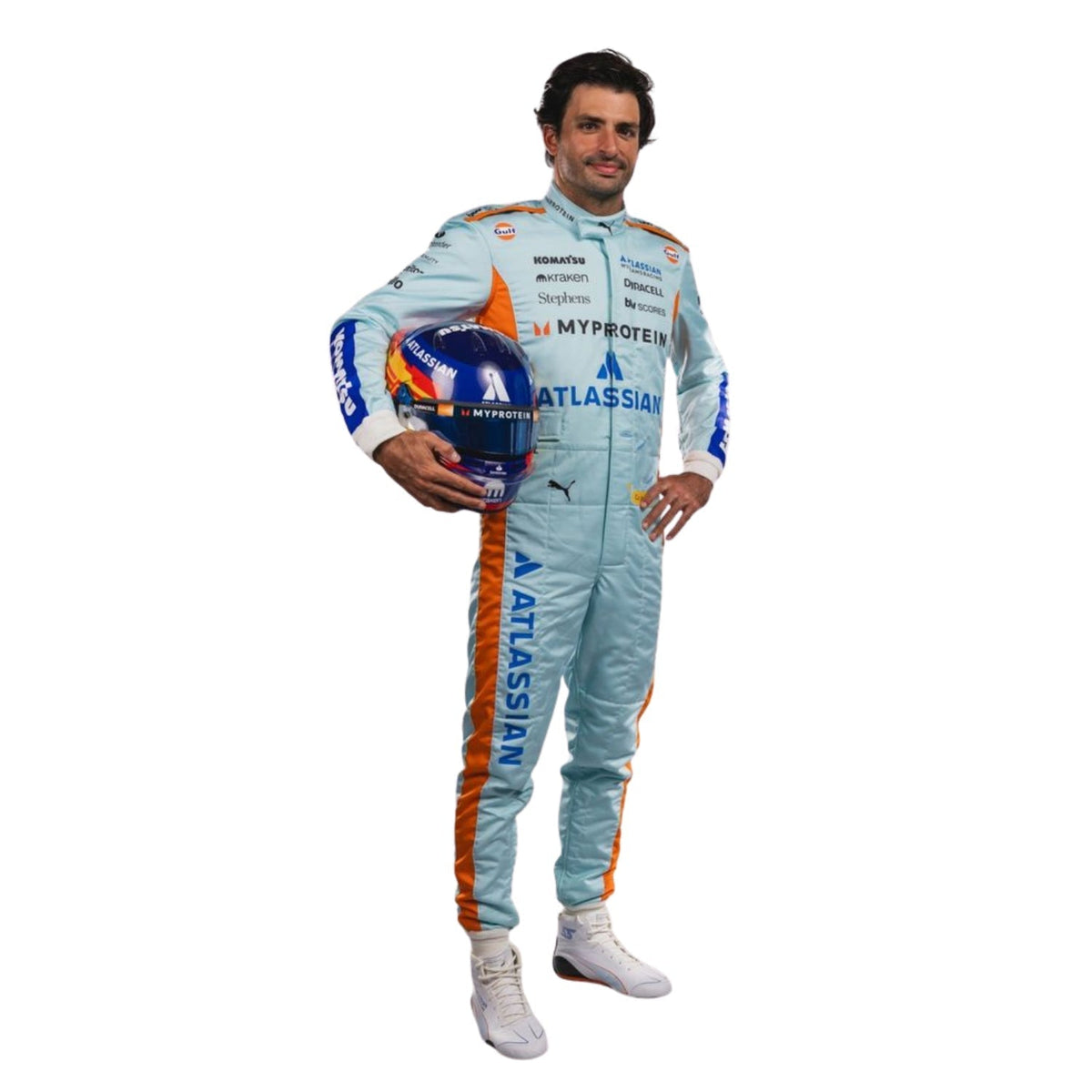 2025 Interlagos GP Carlos Sainz Replica Racing Suit in Williams race styling, showcasing the full-length zip, shoulder epaulettes and race-day silhouette. Ideal F1 fan attire for supporters who want to wear the spirit of the grid on race day.