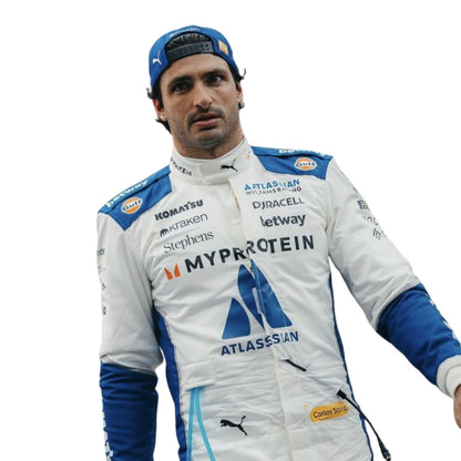 Carlos Sainz 2025 US GP Austin grand prix suit, highlighting bold colour blocking and crisp sublimated artwork. An eye-catching cosplay outfit for watch parties, track days and motorsport meetups.
