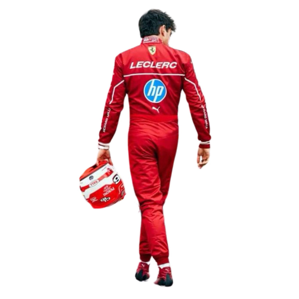 Charles Leclerc 2025 fan race suit, showing sharp sponsor-style graphics across the chest and sleeves. Stylish race day attire made for race weekends, kart track days and cosplay events alike.