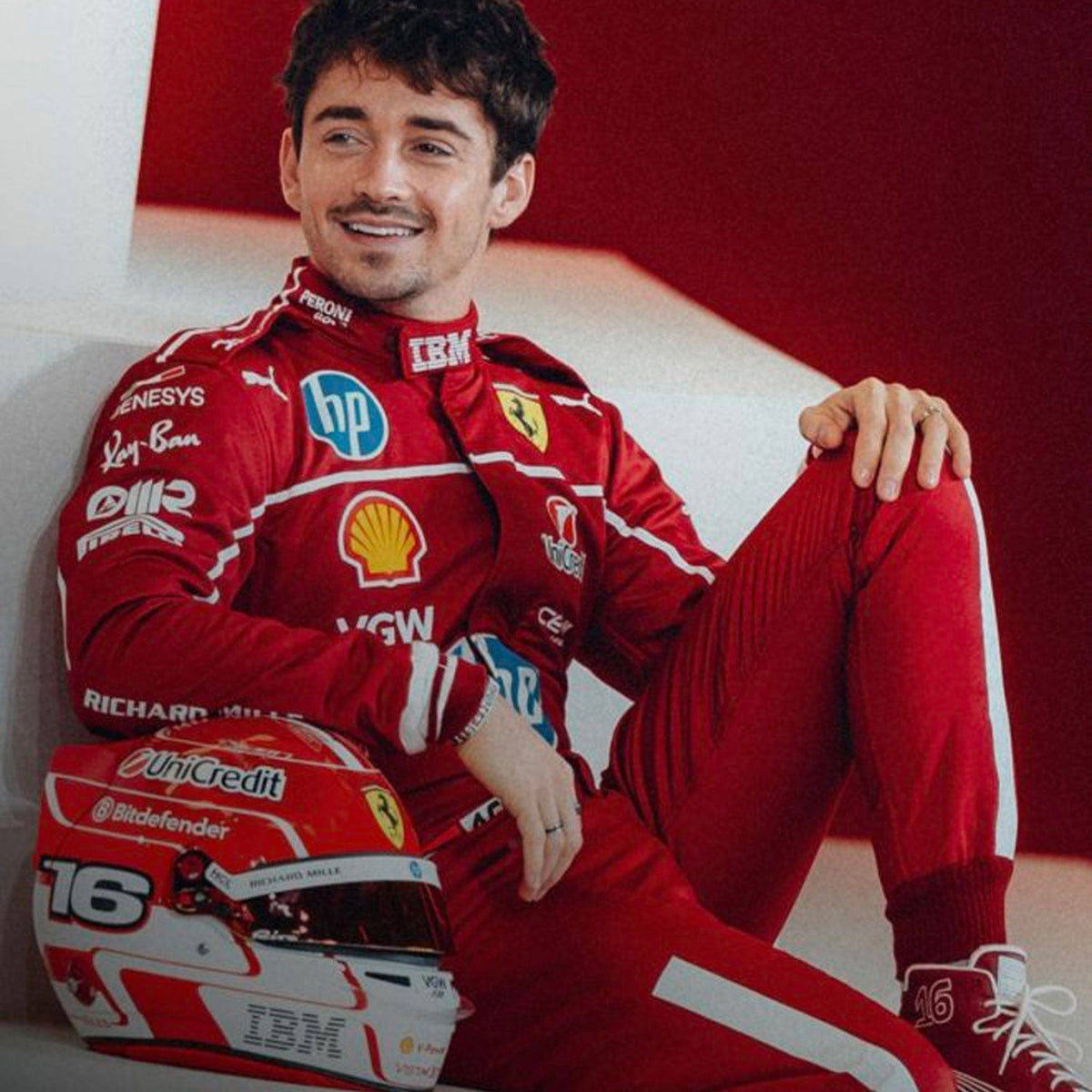Charles Leclerc 2025 fan race suit, revealing the flexible elastic panel and tailored motorsport fit. Perfect grand prix attire for fans who want a race-ready look at the circuit or at home.