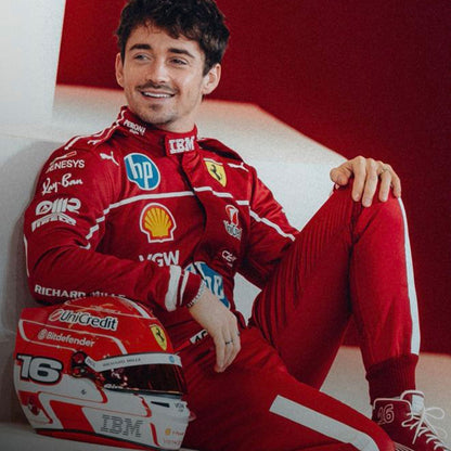 Charles Leclerc 2025 fan race suit, revealing the flexible elastic panel and tailored motorsport fit. Perfect grand prix attire for fans who want a race-ready look at the circuit or at home.