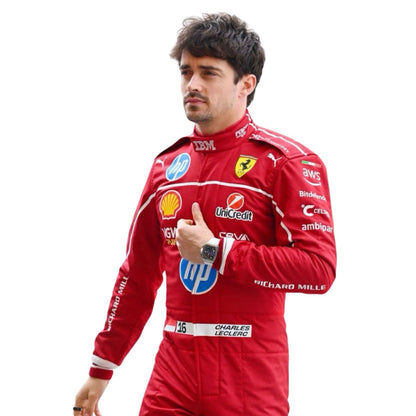 Printed Ferrari 2025 racing outfit for Charles Leclerc fans, laid out to show the printed racing number, belt panel and stretch inserts. An eye-catching cosplay outfit for watch parties, track days and motorsport meetups.