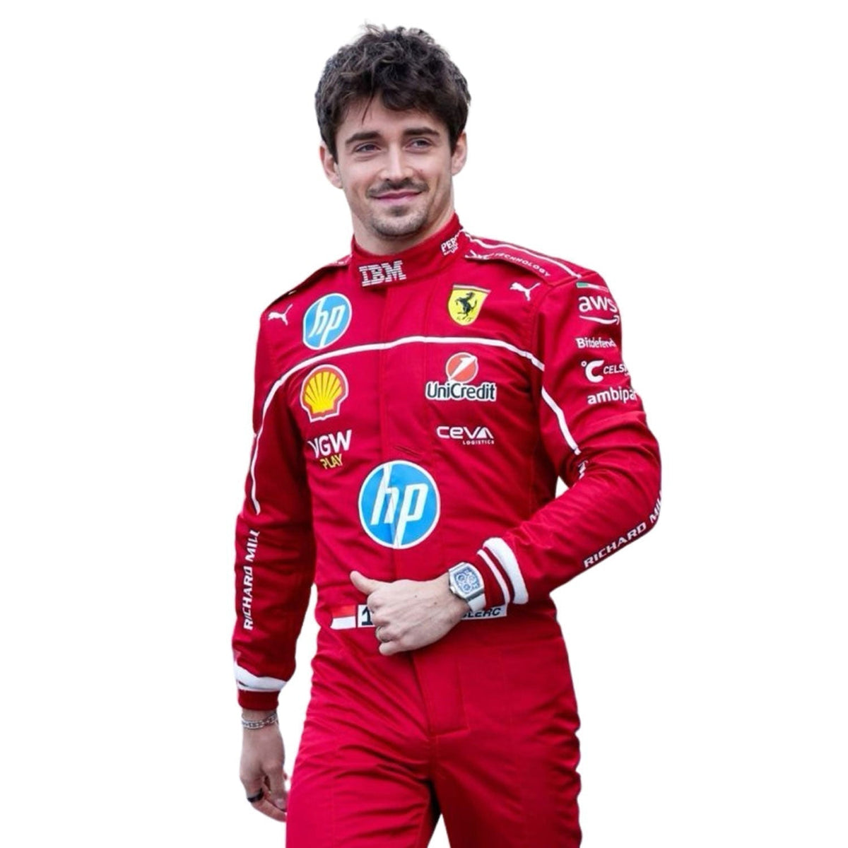 Ferrari race suit worn in Charles Leclerc style, showcasing the full-length zip, shoulder epaulettes and race-day silhouette. A great F1 cosplay outfit for fans heading to a grand prix, a karting session or a themed party.