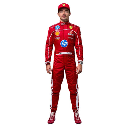 Charles Leclerc 2025 season grand prix suit, highlighting bold colour blocking and crisp sublimated artwork. Ideal F1 fan attire for supporters who want to wear the spirit of the grid on race day.