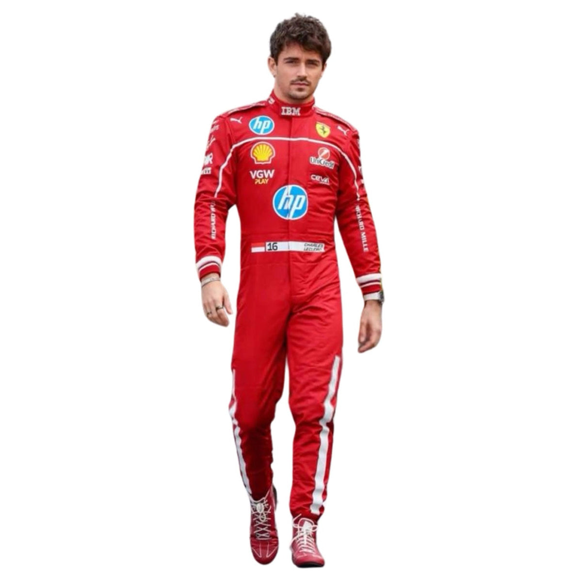Charles Leclerc Replica Racing Costume 2025 F1 in Ferrari race styling, capturing the smooth Cordura outer shell and clean printed finish. A bold motorsport jumpsuit that makes a great cosplay outfit on grand prix weekend.