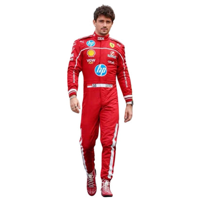 Charles Leclerc Replica Racing Costume 2025 F1 in Ferrari race styling, capturing the smooth Cordura outer shell and clean printed finish. A bold motorsport jumpsuit that makes a great cosplay outfit on grand prix weekend.