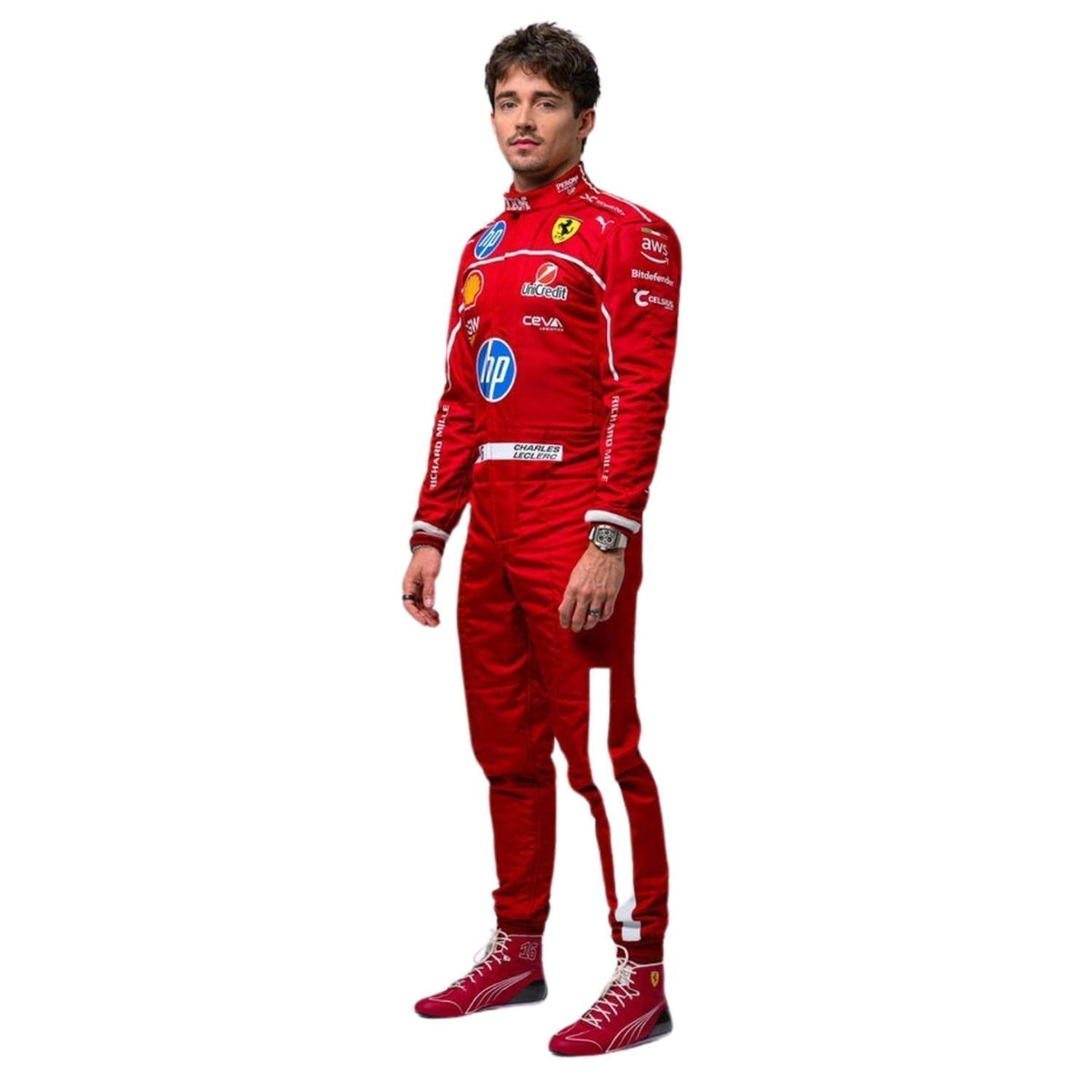 Charles Leclerc inspired motorsport jumpsuit, displaying the fitted one-piece cut with elasticated cuffs and a soft collar. A head-turning cosplay outfit for F1 conventions, parties and race day meetups.