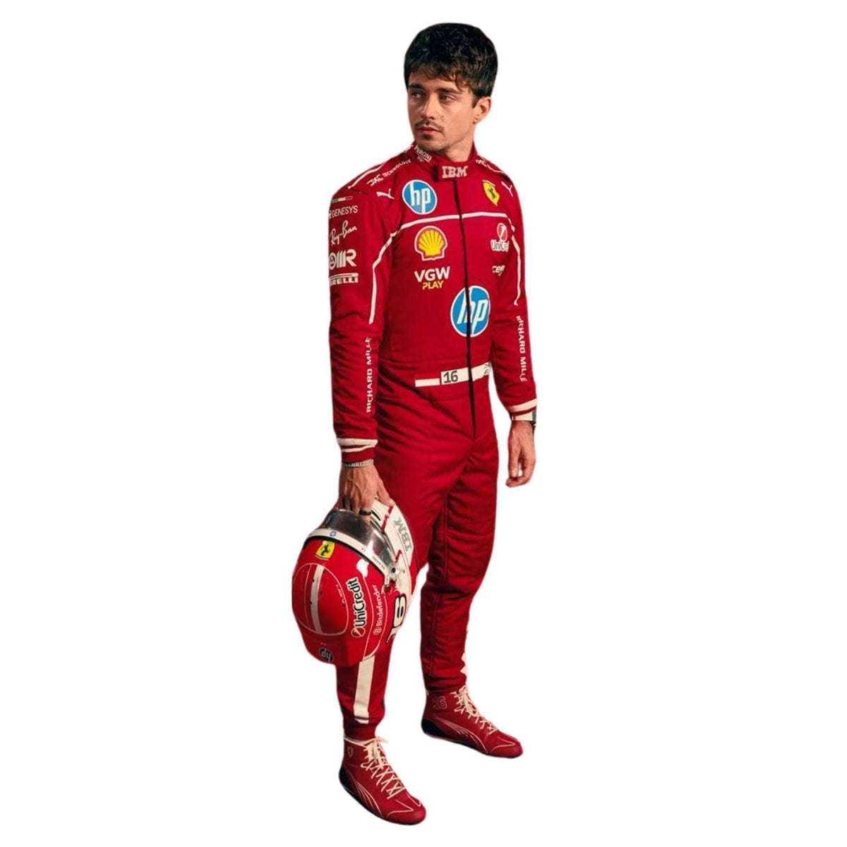 Charles Leclerc 2025 season racing costume, presented with detailed logo placement along the arms and legs. A comfortable racing jumpsuit for F1 fans, kart track days and themed parties.