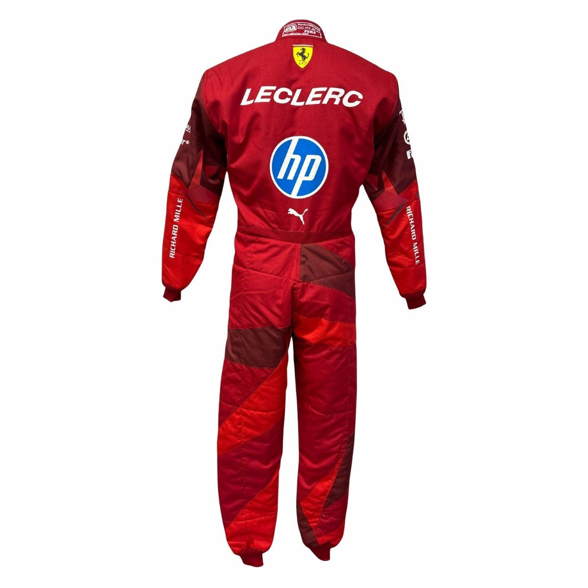 Charles Leclerc 2025 fan race suit, laid out to show the printed racing number, belt panel and stretch inserts. Racing attire built to turn heads in the grandstand, at the kart track or at a costume event.