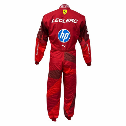 Charles Leclerc 2025 fan race suit, laid out to show the printed racing number, belt panel and stretch inserts. Racing attire built to turn heads in the grandstand, at the kart track or at a costume event.