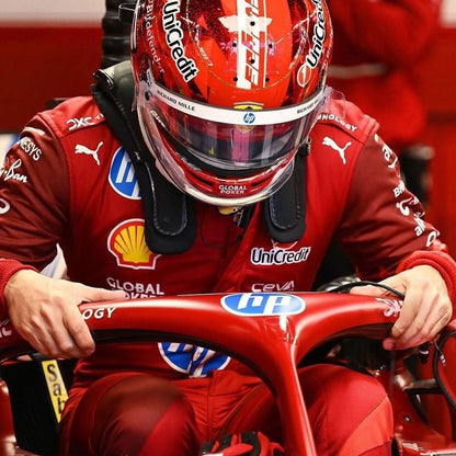 Printed Ferrari 2025 racing outfit for Charles Leclerc fans, highlighting bold colour blocking and crisp sublimated artwork. A standout motorsport cosplay outfit and gift for any fan, karter or collector.