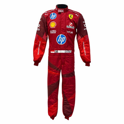 Ferrari race suit worn in Charles Leclerc style, showing sharp sponsor-style graphics across the chest and sleeves. Perfect grand prix attire for fans who want a race-ready look at the circuit or at home.