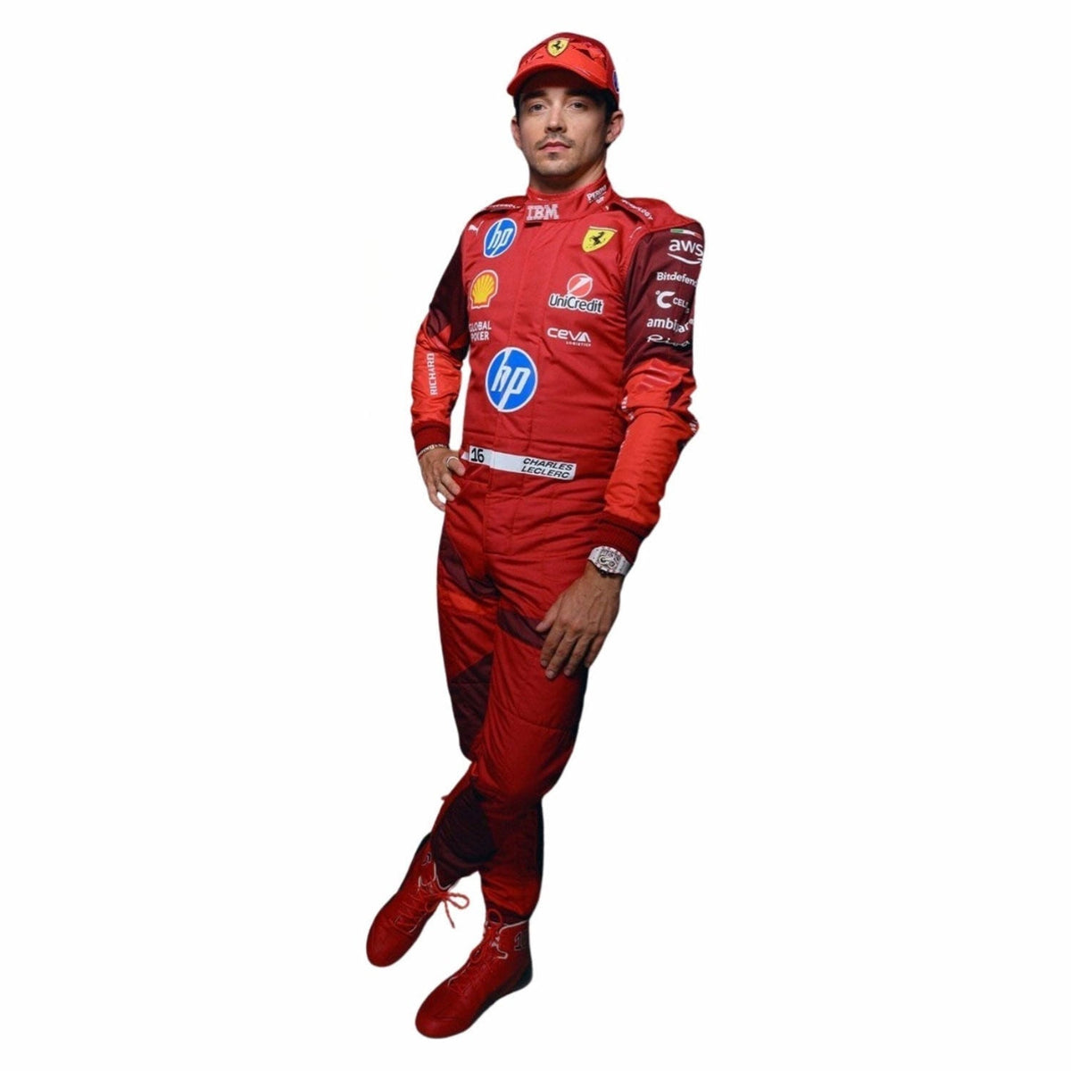 Charles Leclerc 2025 Las Vegas GP racing costume, capturing the smooth Cordura outer shell and clean printed finish. A great F1 cosplay outfit for fans heading to a grand prix, a karting session or a themed party.