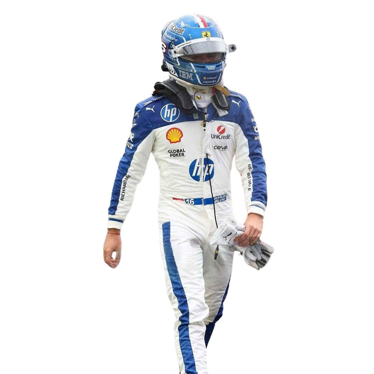 Ferrari race suit worn in Charles Leclerc style, featuring layered stripes, driver name styling and contrast panels. Perfect grand prix attire for fans who want a race-ready look at the circuit or at home.