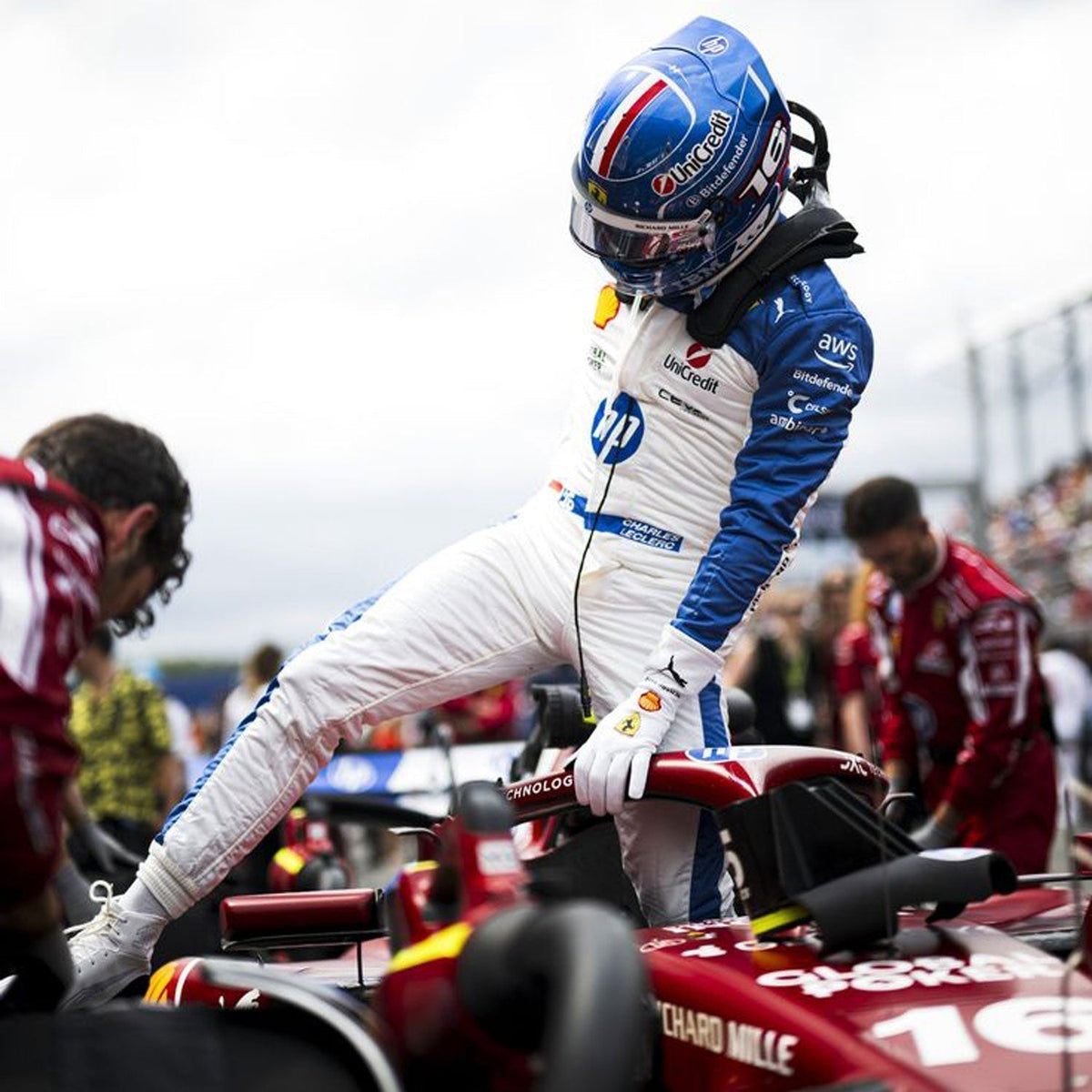 Charles Leclerc inspired motorsport jumpsuit, laid out to show the printed racing number, belt panel and stretch inserts. A bold motorsport jumpsuit that makes a great cosplay outfit on grand prix weekend.