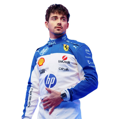 Printed Ferrari 2025 racing outfit for Charles Leclerc fans, presented with detailed logo placement along the arms and legs. Ideal F1 fan attire for supporters who want to wear the spirit of the grid on race day.