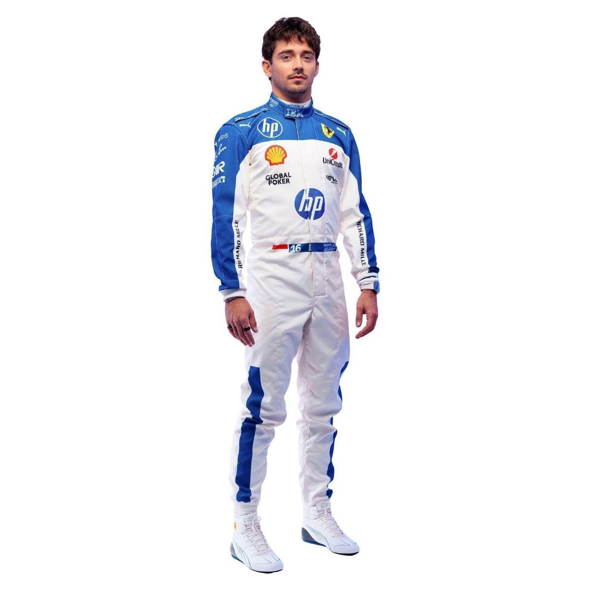Charles Leclerc 2025 Miami Grand Prix Race Costume in Ferrari race styling, displaying the fitted one-piece cut with elasticated cuffs and a soft collar. An eye-catching cosplay outfit for watch parties, track days and motorsport meetups.