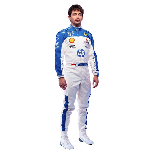 Charles Leclerc 2025 Miami Grand Prix Race Costume in Ferrari race styling, displaying the fitted one-piece cut with elasticated cuffs and a soft collar. An eye-catching cosplay outfit for watch parties, track days and motorsport meetups.
