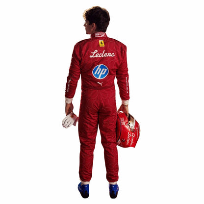 Charles Leclerc 2025 fan race suit, laid out to show the printed racing number, belt panel and stretch inserts. Perfect grand prix attire for fans who want a race-ready look at the circuit or at home.