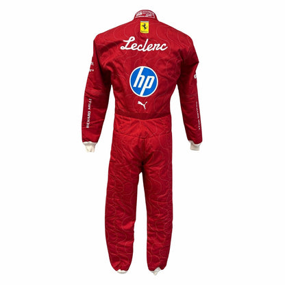 Charles Leclerc 2025 Italian GP Monza grand prix suit, displaying the fitted one-piece cut with elasticated cuffs and a soft collar. A standout motorsport cosplay outfit and gift for any fan, karter or collector.